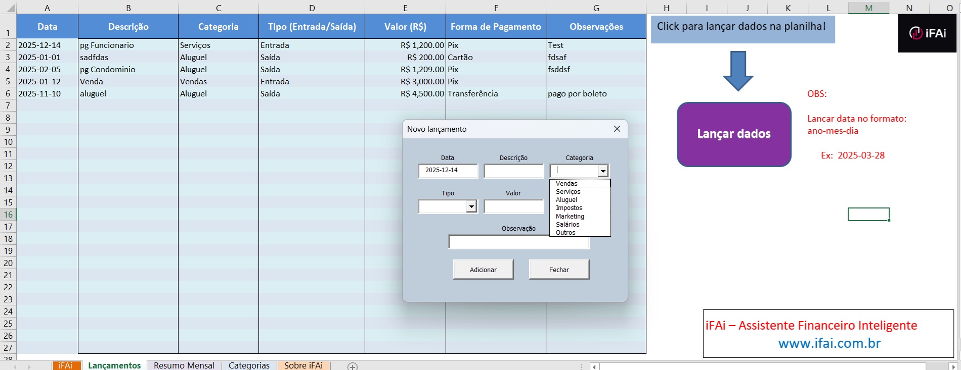 Print da planilha de fluxo de caixa em Excel